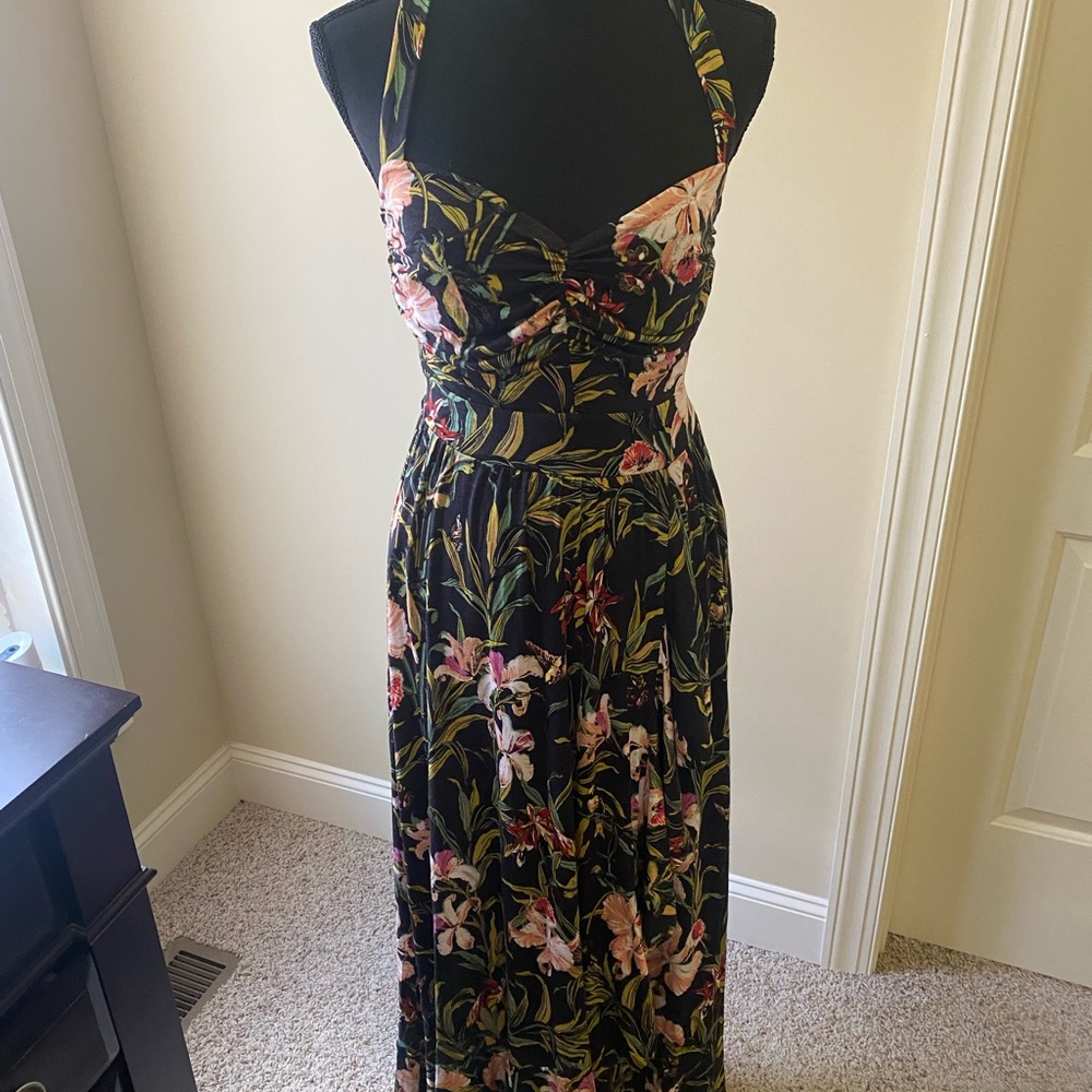 Anthropologie Black Floral Maxi Dress with Pink & Green Accents